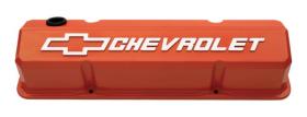 Proform Alloy Valve Covers Slant-Edge In Chey Orange Finish With Raised Chevrolet Emblem