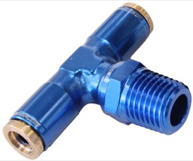 <strong>1/8" NPT to 3/16" Nylon Quick Release Tee Fitting</strong> <br /> Blue Finish.
