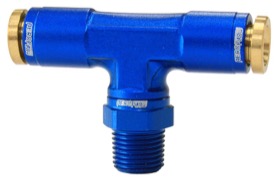 <strong>1/8" NPT to 1/4" Nylon Quick Release Tee Fitting</strong><br /> Blue Finish.
