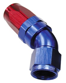 <strong>150 Series Taper One-Piece Full Flow Swivel 45° Hose End -8AN</strong> <br />Blue/Red Finish. Suit 100 & 450 Series Hose
