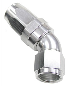 <strong>150 Series Taper One-Piece Full Flow Swivel 45° Hose End -10AN </strong><br />Silver Finish. Suit 100 & 450 Series Hose
