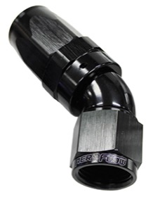 <strong>150 Series Taper One-Piece Full Flow Swivel 45° Hose End -20AN </strong><br />Black Finish. Suit 100 & 450 Series Hose

