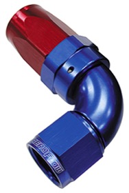 <strong>150 Series Taper One-Piece Full Flow Swivel 90° Hose End -6AN</strong> <br />Blue/Red Finish. Suit 100 & 450 Series Hose
