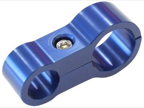 <strong>Stepped Billet Aluminium Dual Hose Separators</strong><br /> 9/16" (14.2mm) I.D. & 5/8" (15.9mm) I.D., Suit -8AN & -10AN PTFE hose, Blue finish
