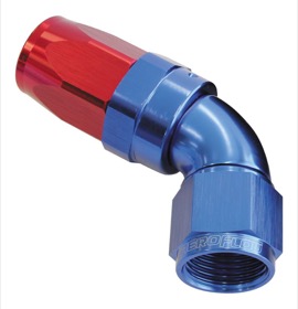 <strong>150 Series Taper One-Piece Full Flow Swivel 60° Hose End -6AN</strong> <br />Blue/Red Finish. Suit 100 & 450 Series Hose
