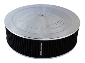 <strong>Chrome Air Filter Assembly</strong><br /> 14" x 4", 5-1/8" neck, 1-1/8" Drop base , black washable cotton element
