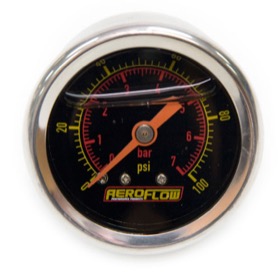 <strong>1-1/2" Liquid Filled 100 psi Pressure Gauge </strong><br />Black Face with Orange Pointer. 1/8" NPT Male Thread
