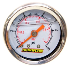 <strong>1-1/2" Liquid Filled 15 psi Pressure Gauge </strong><br />White Face with Orange Pointer. 1/8" NPT Male Thread
