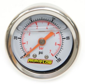 <strong>1-1/2" Liquid Filled 100 psi Pressure Gauge </strong><br />White Face with Orange   Pointer. 1/8" NPT Male Thread
