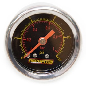<strong>1-1/2" 15 psi Pressure Gauge</strong><br /> Black Face with Orange Pointer. 1/8" NPT Male Thread

