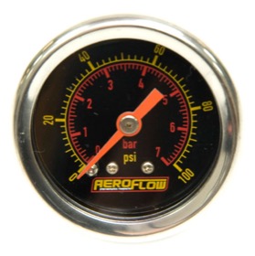 <strong>1-1/2" 100 psi Pressure Gauge</strong><br /> Black Face with Orange Pointer. 1/8" NPT Male Thread
