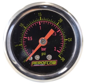 <strong>1-1/2" Liquid Filled 30 psi Pressure Gauge </strong><br />Black Face with Orange Pointer. 1/8" NPT Male Thread
