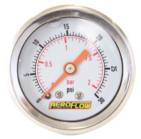 <strong>1-1/2" Liquid Filled 30 psi Pressure Gauge </strong><br />White Face with Orange Pointer. 1/8" NPT Male Thread
