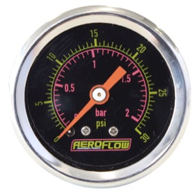 <strong>1-1/2" 30 psi Pressure Gauge</strong><br /> Black Face with Orange Pointer. 1/8" NPT Male Thread
