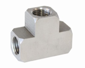 <strong>Stainless Steel Inverted Female T-Block </strong><br />2 x 3/8"-24 inverted seat, 1 x 1/8"-27 on the side
