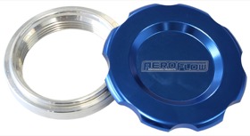 <strong>Low Profile Billet Aluminium Filler Cap & Bung</strong><br />1-1/2" Female weld-on bung, includes Buna N & EPR O-rings. Blue Cap
