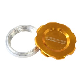<strong>Low Profile Billet Aluminium Filler Cap & Bung</strong><br />1-1/2" Female weld-on bung, includes Buna N & EPR O-rings. Gold Cap
