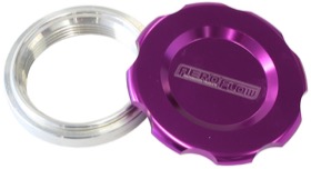 <strong>Low Profile Billet Aluminium Filler Cap & Bung</strong><br />1-1/2" Female weld-on bung, includes Buna N & EPR O-rings. Purple Cap
