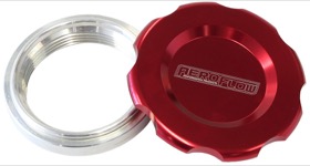<strong>Low Profile Billet Aluminium Filler Cap & Bung</strong><br />1-1/2" Female weld-on bung, includes Buna N & EPR O-rings. Red Cap
