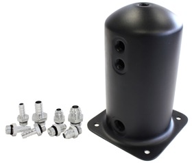 <strong>2.5 Litre Spun Alloy Surge Tank</strong><br /> Available with 3 x 3/8", 1 x 1/2" or 3 x -6AN, 1 x -8AN, Black Finish
