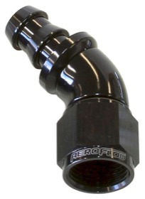 <strong>510 Series Full Flow Tight Radius Push Lock 45° Hose End -4AN</strong> <br />Black Finish. Suit 400 Series Hose
