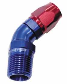<strong>45° Male NPT Full Flow Swivel Hose End 3/8" to -10AN</strong> <br /> Blue/Red Finish
