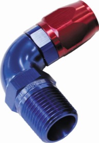 <strong>90° Male NPT Full Flow Swivel Hose End 3/8" to -6AN</strong> <br /> Blue/Red Finish
