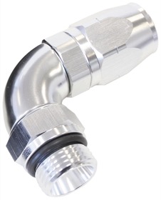 <strong>90° Male ORB Full Flow Swivel Hose End -8 ORB to -6AN</strong><br /> Silver Finish
