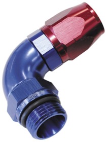 <strong>90° Male ORB Full Flow Swivel Hose End -16 ORB to -16AN</strong><br /> Blue/Red Finish
