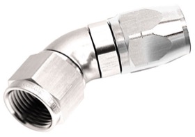<strong>550 Series Cutter Style One Piece Swivel 45° Stepped Hose End -8AN to -6 Hose</strong><br /> Silver Finish. Suits 100 & 450 Series Hose
