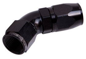 <strong>550 Series Cutter Style One Piece Swivel 45° Stepped Hose End -6AN to -8 Hose</strong><br /> Black Finish. Suits 100 & 450 Series Hose
