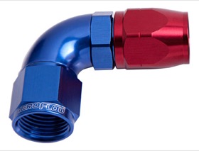 <strong>550 Series Cutter One-Piece Full Flow Swivel 90° Hose End -6AN</strong> <br />Blue/Red Finish. Suits 100 & 450 Series Hose

