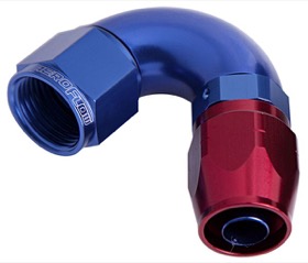 <strong>550 Series Cutter One-Piece Full Flow Swivel 120° Hose End -4AN </strong><br />Blue/Red Finish. Suits 100 & 450 Series Hose
