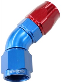 <strong>570 Series One-Piece Full Flow 45° Hose End -4AN</strong><br /> Blue/Red Finish. Suit 200 Series PTFE Hose
