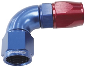 <strong>570 Series One-Piece Full Flow 90° Hose End -10AN </strong><br /> Blue/Red Finish. Suit 200 Series PTFE Hose
