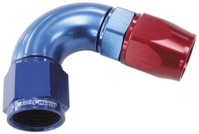 <strong>570 Series One-Piece Full Flow 120° Hose End -3AN </strong><br /> Blue/Red Finish. Suit 200 Series PTFE Hose

