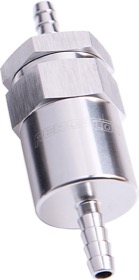 <strong>30 Micron Billet Fuel Filter 3/8" Barb</strong> <br />Silver Finish. 2" Length
