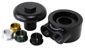 <strong>Billet Oil Filter Block Adapter</strong><br /> 90° Low Profile, Universal fitment, -8 ORB ports, Black anodised finish
