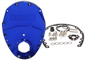 <strong>2-Piece Billet Aluminium Timing Cover - Blue Finish</strong><br/> Suit S/B Chev & 90° V6. Includes Cover, Gaskets, Seal, Roller Cam button, Mounting Hardware and Replacement O-Ring
