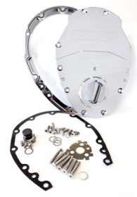 <strong>2-Piece Billet Aluminium Timing Cover - Chrome Finish</strong><br/> Suit S/B Chev & 90° V6. Includes Cover, Gaskets, Seal, Roller Cam button, Mounting Hardware and Replacement O-Ring
