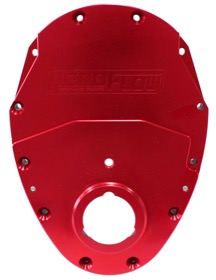 <strong>2-Piece Billet Aluminium Timing Cover - Red Finish</strong><br/> Suit S/B Chev & 90° V6. Includes Cover, Gaskets, Seal, Roller Cam button, Mounting Hardware and Replacement O-Ring
