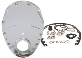 <strong>2-Piece Billet Aluminium Timing Cover - Silver Finish</strong><br /> Suit SB Chevy & 90° V6. Includes Cover, Gaskets, Seal, Mounting Hardware and Replacement O-Ring
