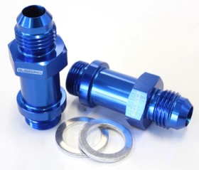 <strong>Carburettor Adapter - Male 9/16" x 24 to -6AN 1-3/4" Long </strong> <br /> Blue Finish. Suit Demon / Holley Inlet Feed
