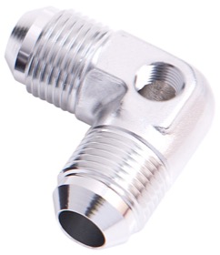 <strong>90° Male Flare Union with 1/8" Port -6AN</strong><br /> Silver Finish
