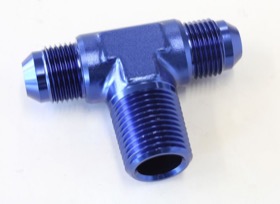 <strong>Tee with NPT On Side 1/2" to -8AN</strong> <br />Blue Finish
