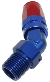 <strong>Male NPT Taper Swivel 45° Hose End 1/4" to -8AN</strong><br /> Blue/Red Finish. Suit 100 & 450 Series Hose
