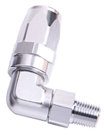<strong>Male NPT Taper Swivel 90° Hose End 3/8" to -6AN</strong><br /> Silver Finish. Suit 100 & 450 Series Hose
