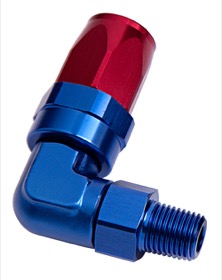 <strong>Male NPT Taper Swivel 90° Hose End 3/8" to -10AN</strong><br /> Blue/Red Finish. Suit 100 & 450 Series Hose
