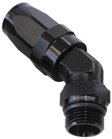 <strong>ORB Taper Swivel 45° Hose End -10 ORB to -8AN</strong><br /> Black Finish. Suit 100 & 450 Series Hose
