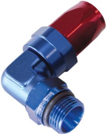 <strong>ORB Taper Swivel 90° Hose End -6AN to -6AN </strong><br />Blue/Red Finish. Suit 100 & 450 Series Hose
